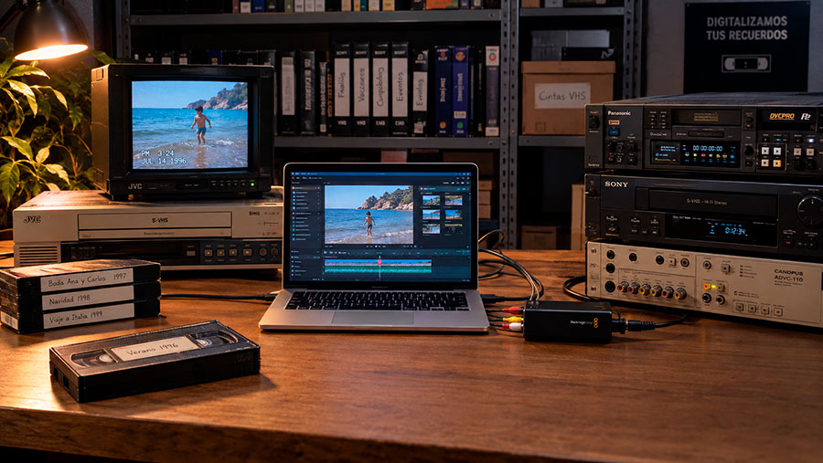 Equipo profesional para digitalizar cintas VHS y convertirlas en archivos digitales